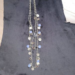 28" Two Strand Silver Necklace with Blue and Clear Stones